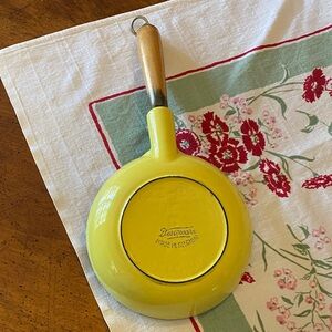 Vintage Belgium Enamel cast iron skillet and Wooden Handle